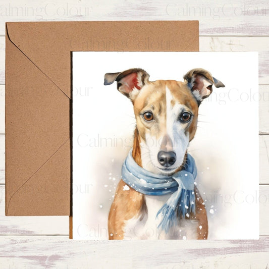 Whippet wearing Blue Scarf | Christmas Card | Card for Dog Lover | Calming Colour