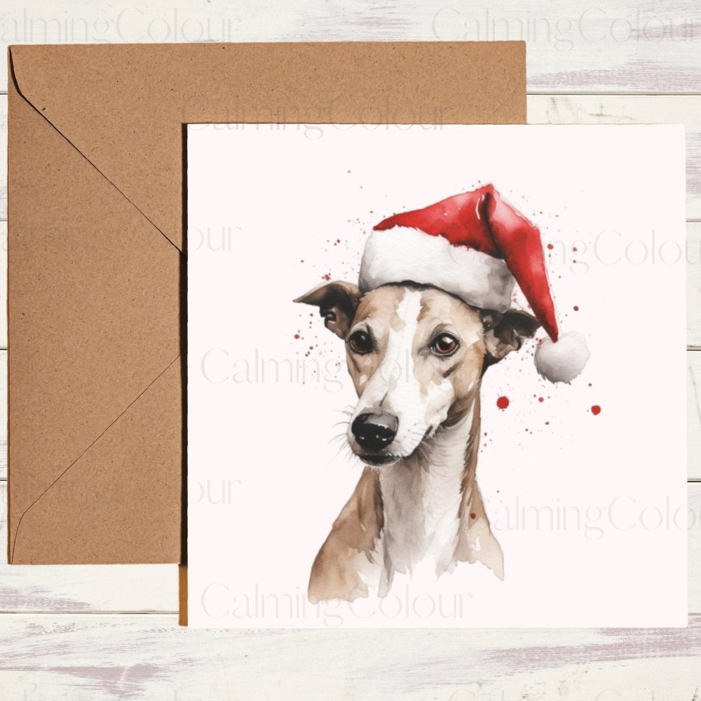 Whippet wearing Red Santa Hat | Christmas Card | Calming Colour