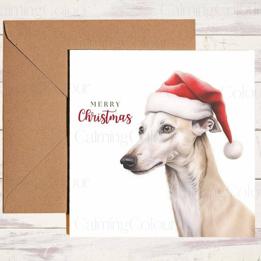 Whippet wearing Red Santa Hat | Christmas Card | Christmas Card