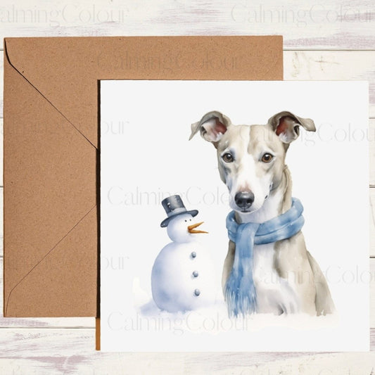 Whippet with Mini Snowman | Christmas Card | Calming Colour