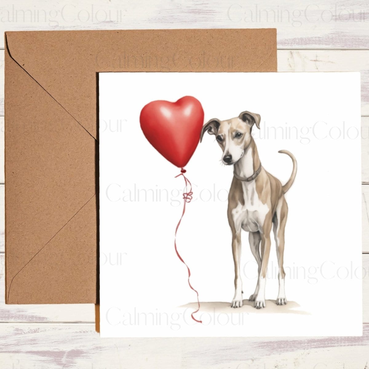 Whippet with Red Balloon | Greeting Card | Single Card | Calming Colour