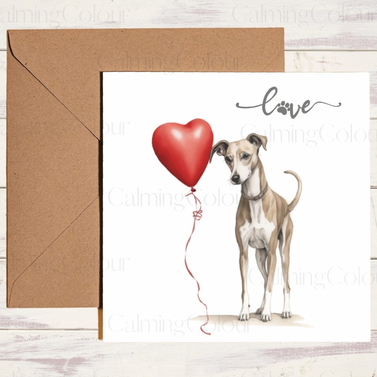 Whippet with Red Balloon | Greeting Card | Single Card | Calming Colour