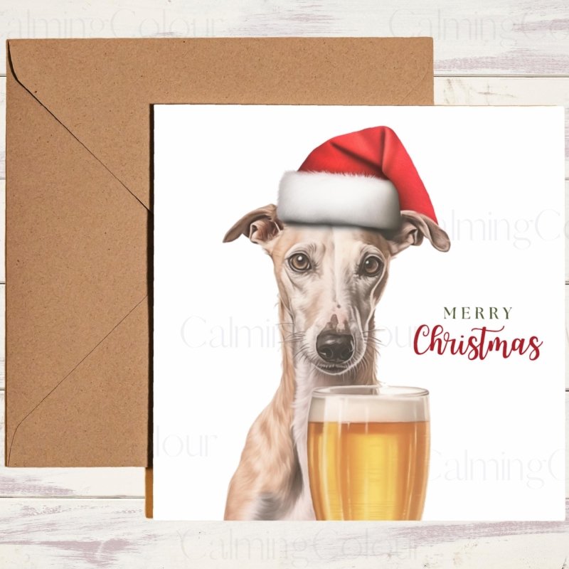 Whippet with Santa Hat and Pint | Christmas Card | Christmas Card