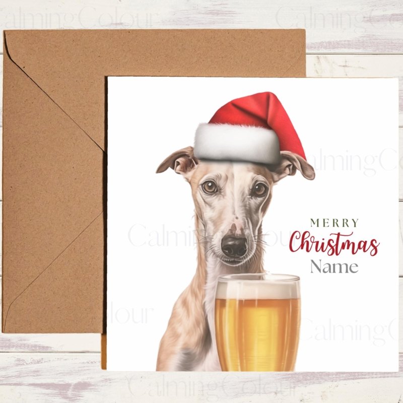 Whippet with Santa Hat and Pint | Christmas Card | Christmas Card