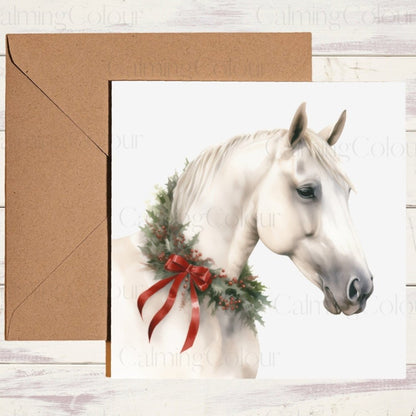 White Horse Christmas Card | Card for Horse Lover | Calming Colour