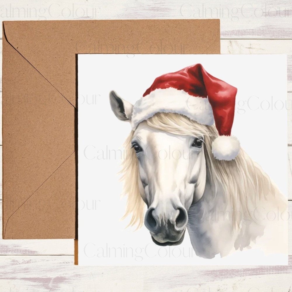 White Horse wearing Red Santa Hat | Christmas Card | Calming Colour