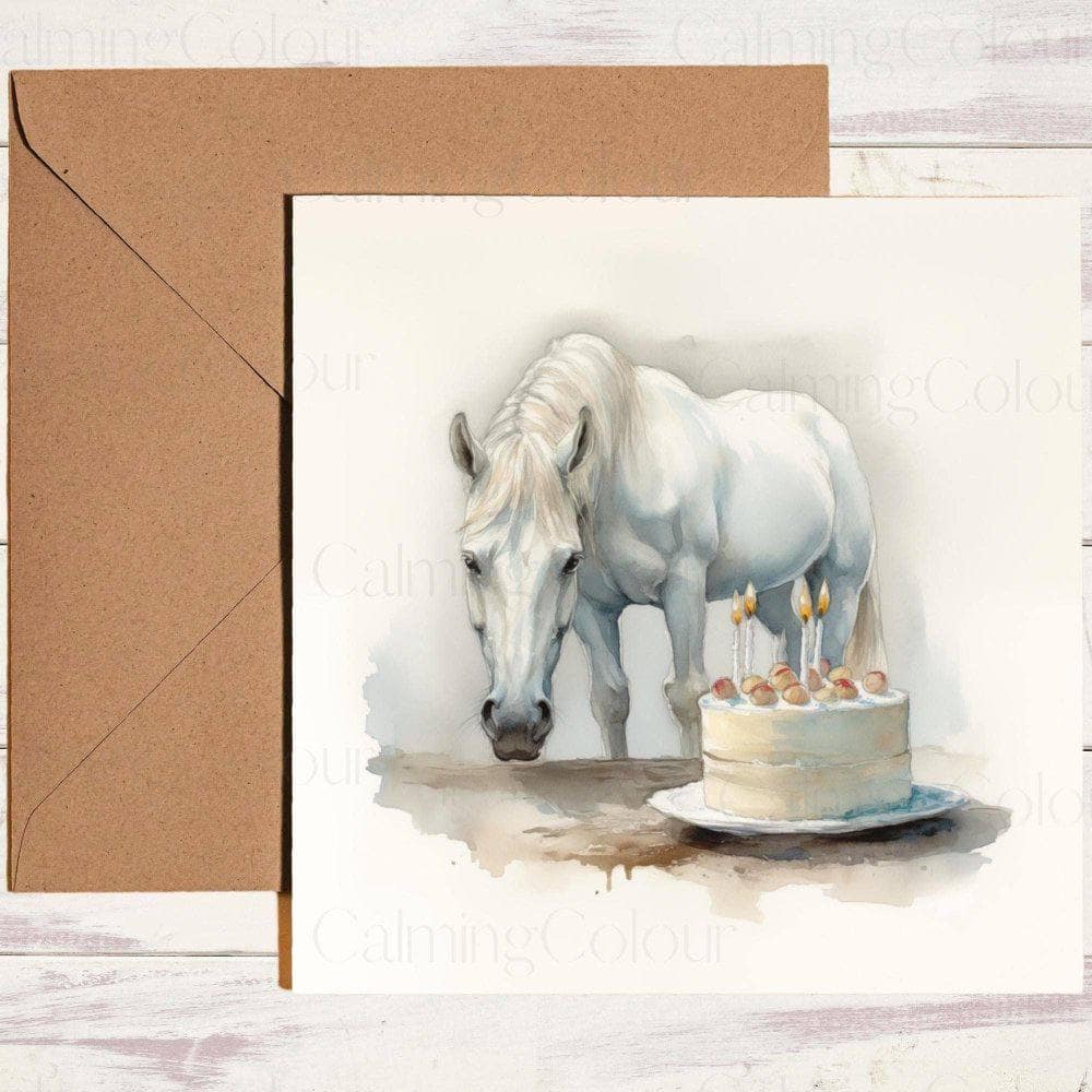 White Horse with a Birthday Cake | Birthday Card | Calming Colour