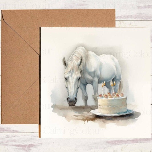 White Horse with a Birthday Cake | Celebration Card | Birthday Card