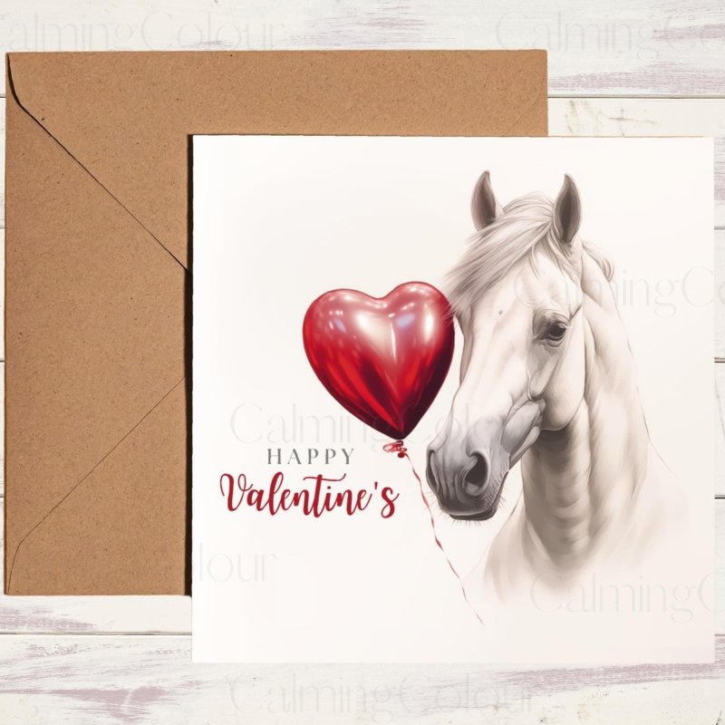 White Horse with Heart Balloon | Valentine's Card | Valentine's Day
