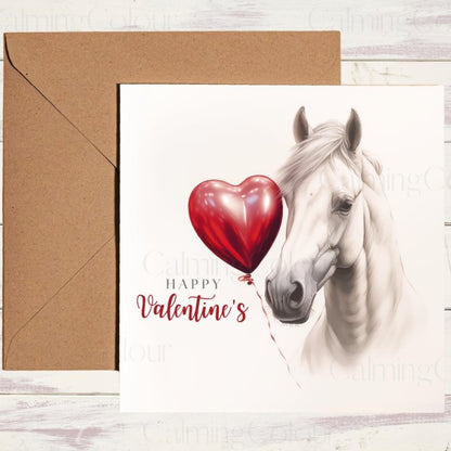 White Horse with Heart Balloon | Valentine's Card | Valentine's Day