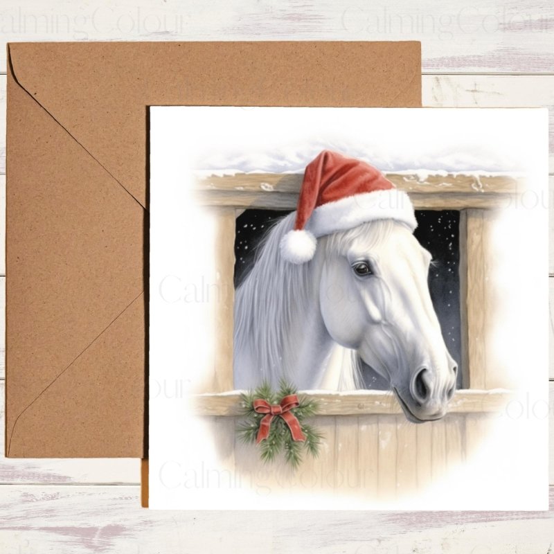 White Horse with Santa Hat | Christmas Card | Christmas Card