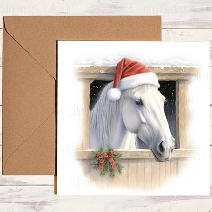 White Horse with Santa Hat | Christmas Card | Christmas Card