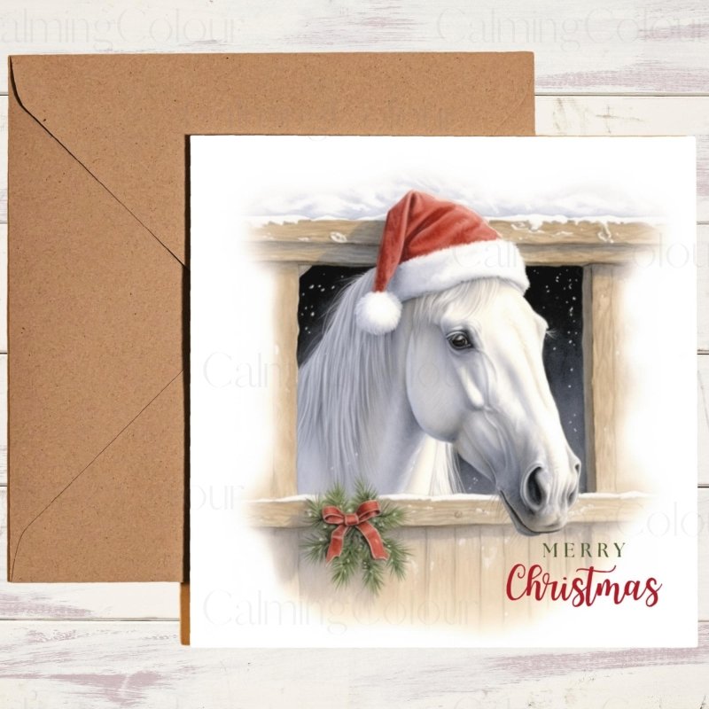 White Horse with Santa Hat | Christmas Card | Christmas Card