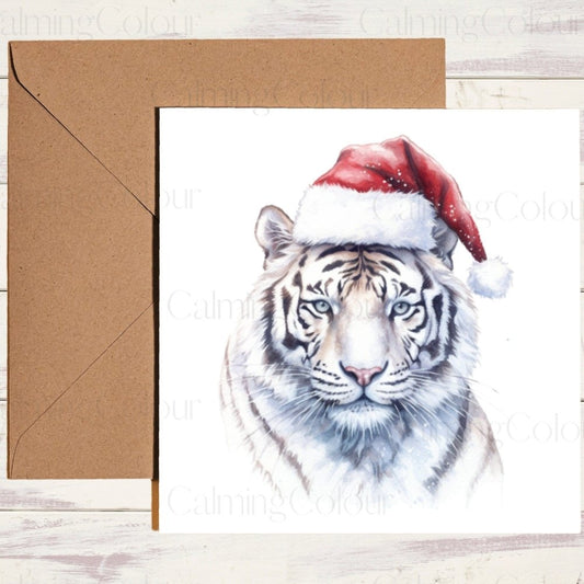 White Tiger wearing Red Santa Hat | Christmas Card | Christmas Card