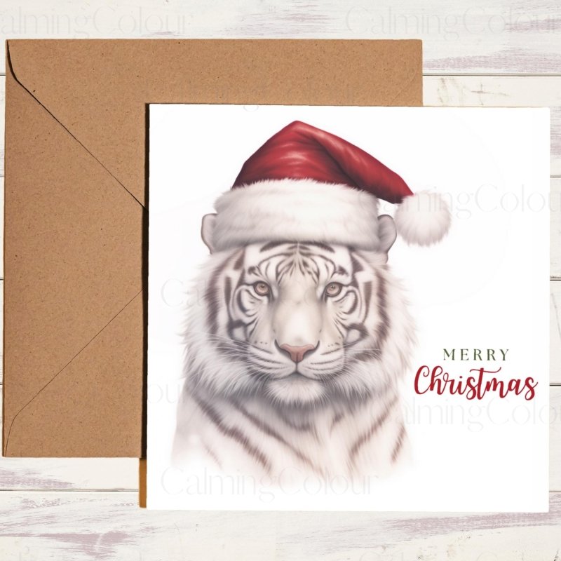 White Tiger with Santa Hat | Christmas Card | Christmas Card