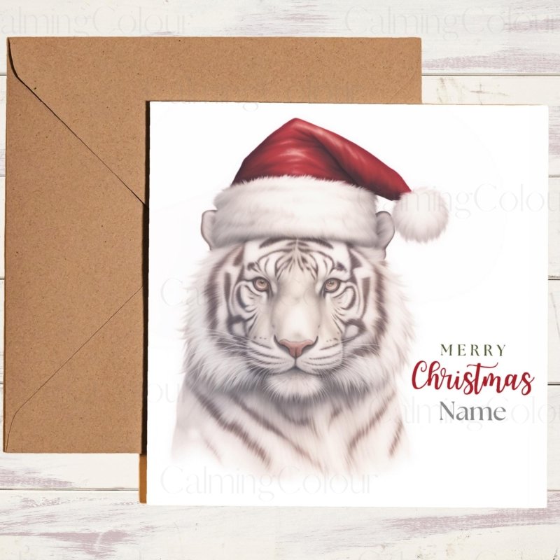 White Tiger with Santa Hat | Christmas Card | Christmas Card