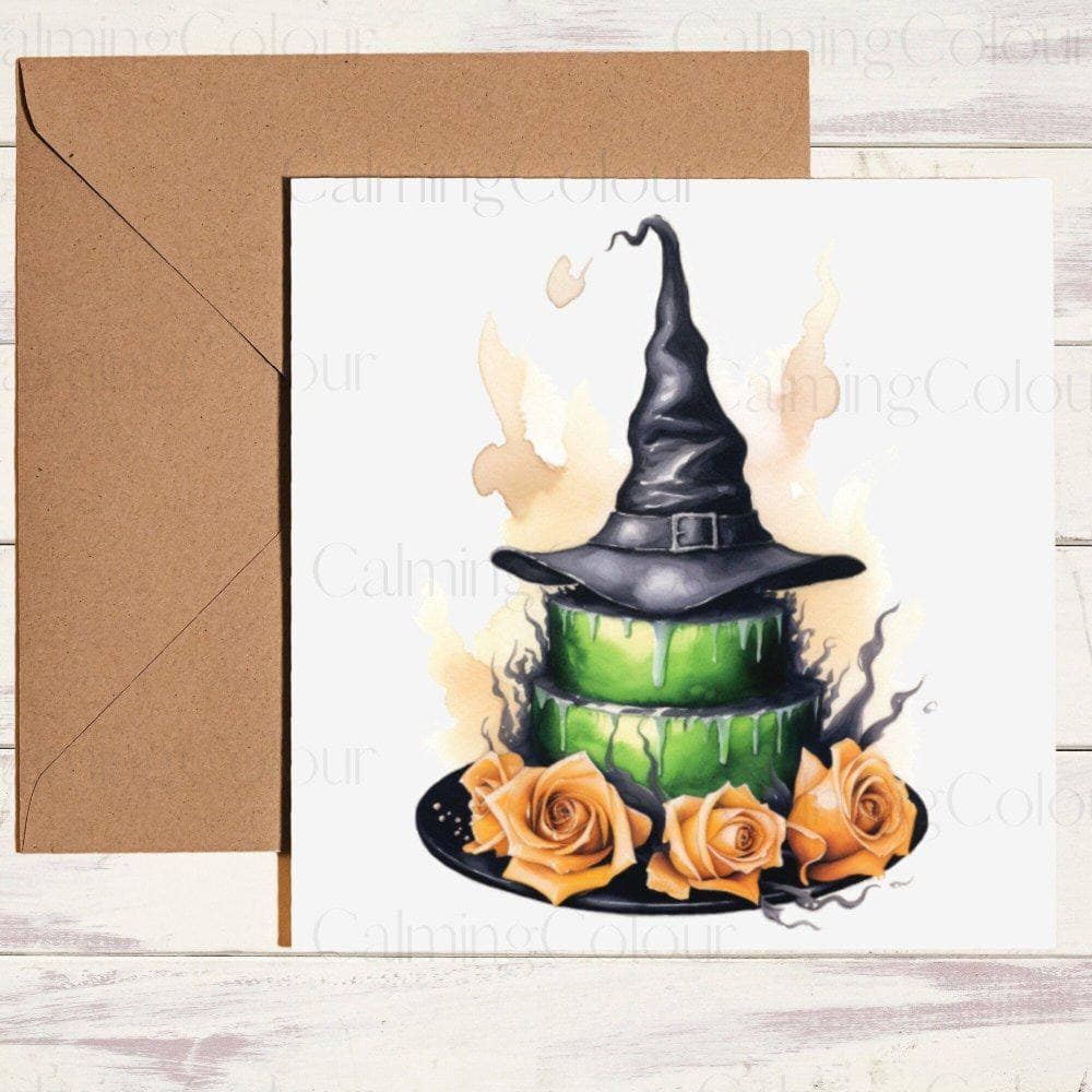 Witch Hat on top of Green Birthday Cake | Birthday Card | Halloween | Calming Colour