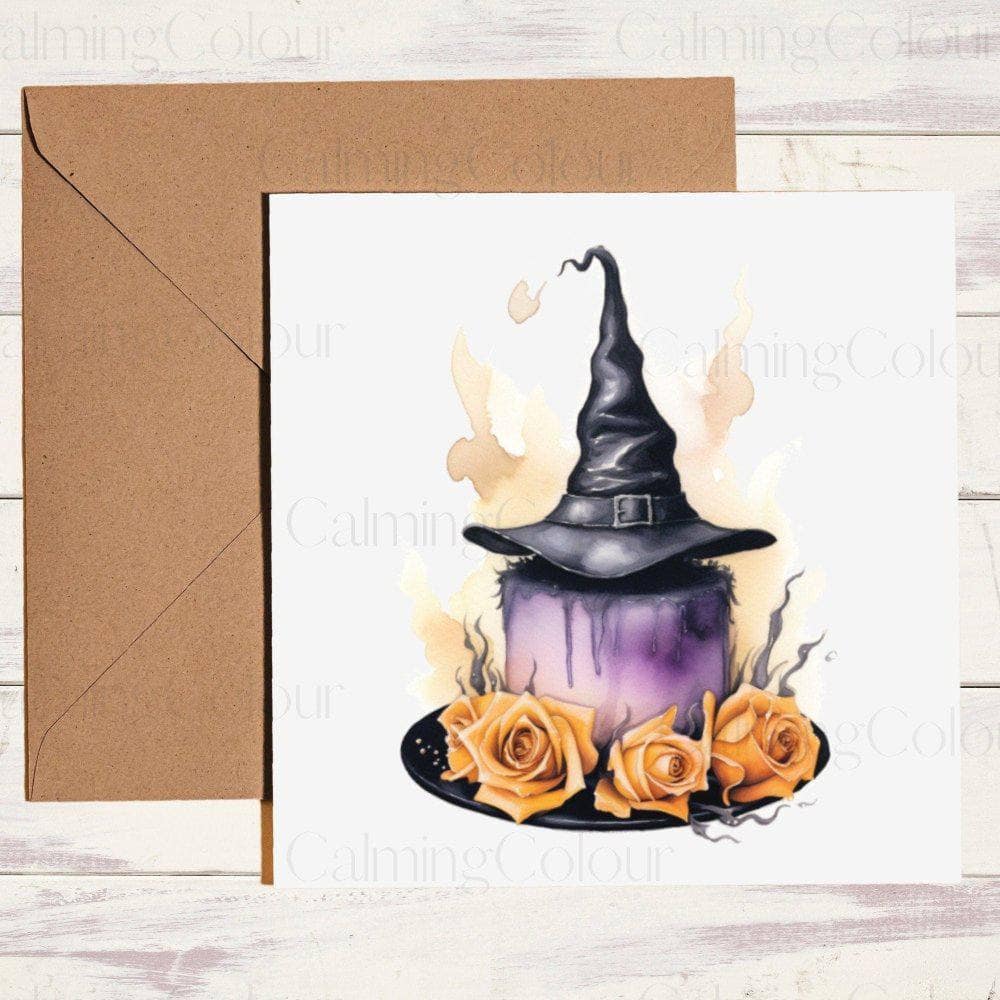 Witch Hat on top of Purple Birthday Cake | Birthday Card | Halloween | Calming Colour