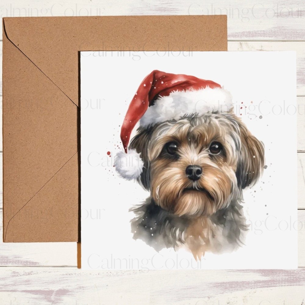 Yorkiepoo wearing Red Santa Hat | Christmas Card | Calming Colour