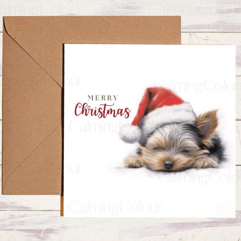 Yorkshire Terrier Asleep in Santa Hat | Christmas Card | Christmas Card