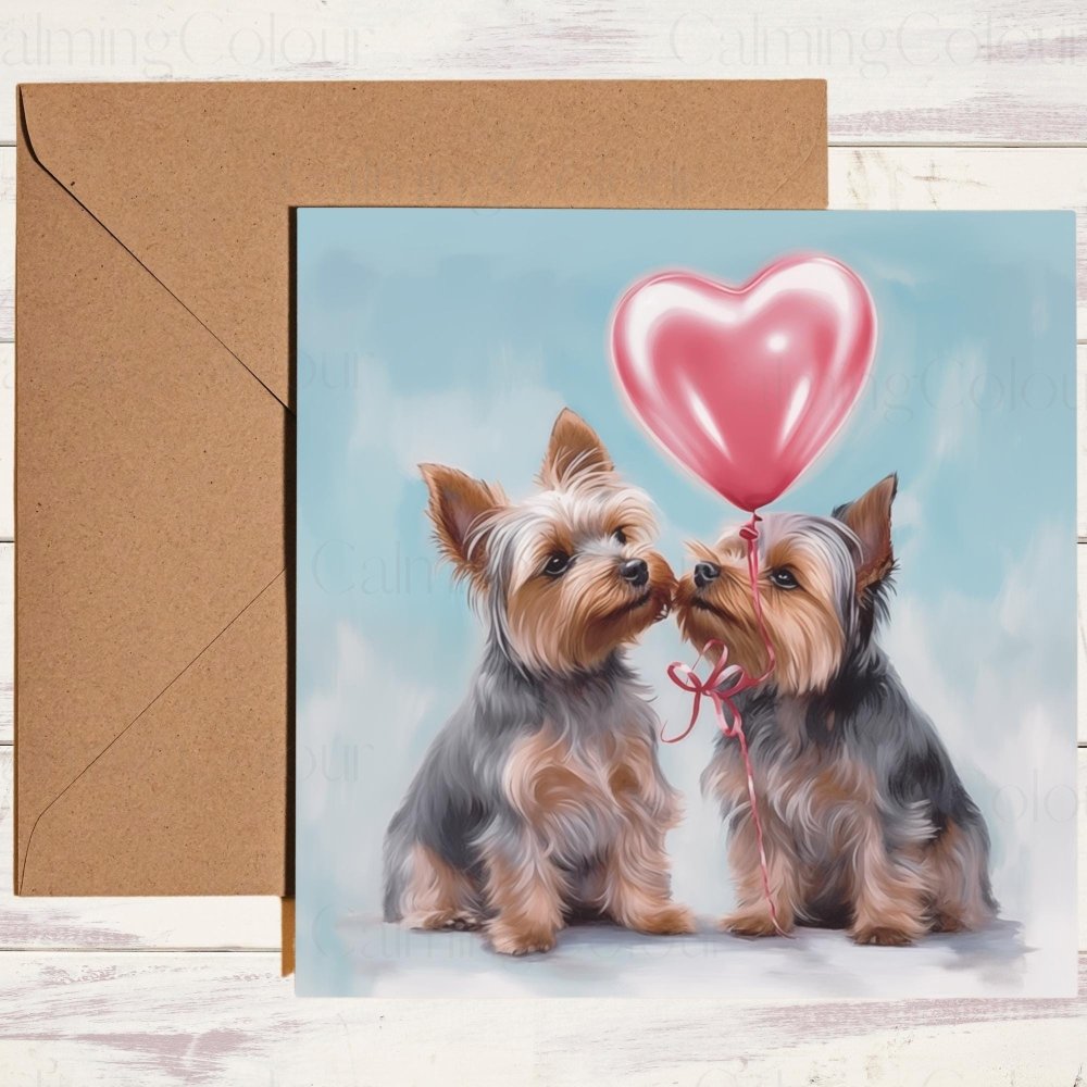 Yorkshire Terrier Couple with Red Balloon | Valentine's Card | With Love | Calming Colour