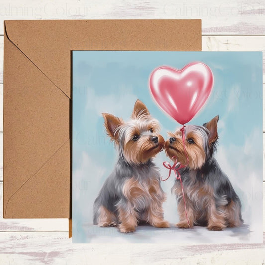 Yorkshire Terrier Couple with Red Balloon | Valentine's Card | With Love | Calming Colour