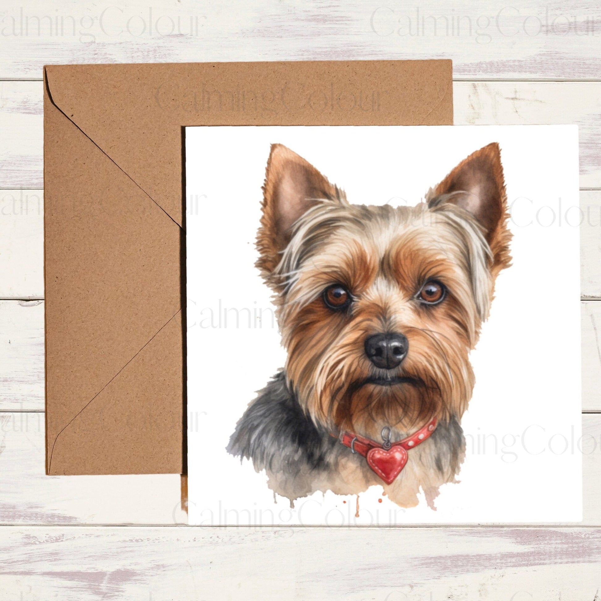 Yorkshire Terrier wearing Red Collar | Greeting Card | Calming Colour