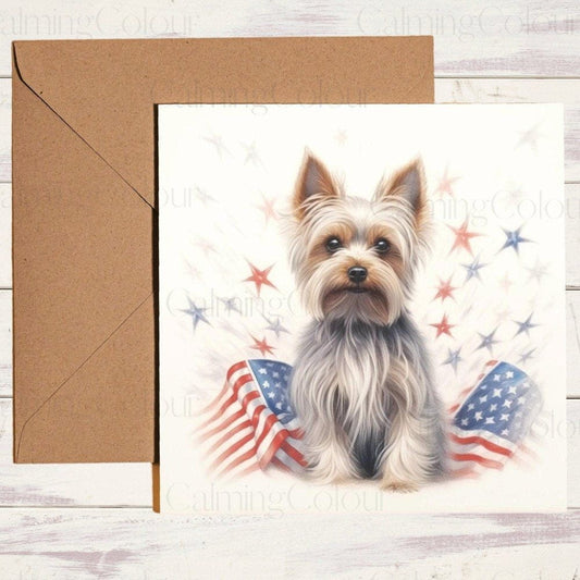 Yorkshire Terrier in Front of American Flag | Greeting Card | Calming Colour