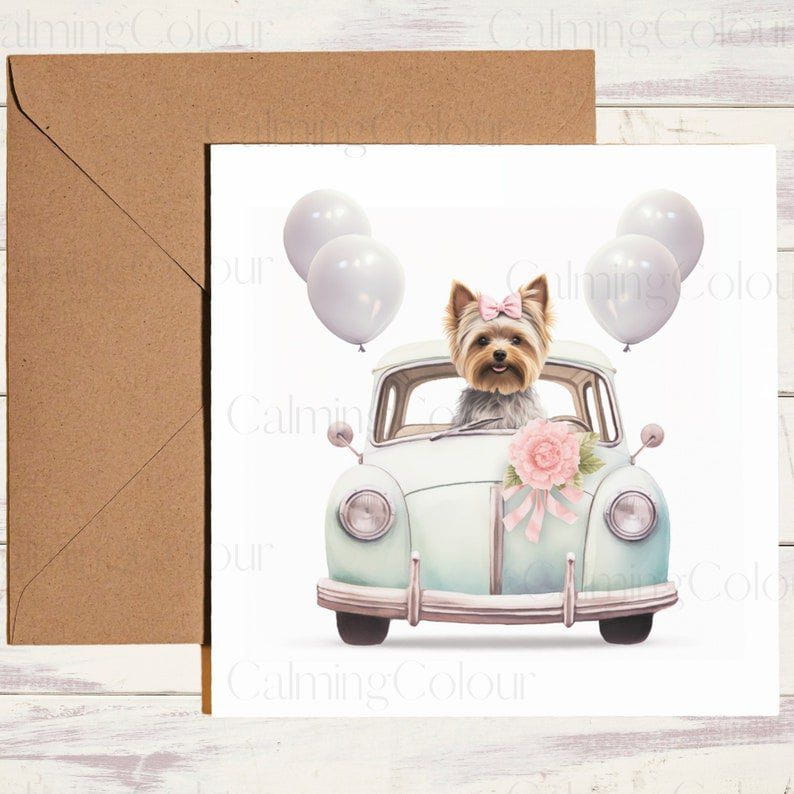 Yorkshire Terrier in Wedding Car | Wedding Card | Calming Colour