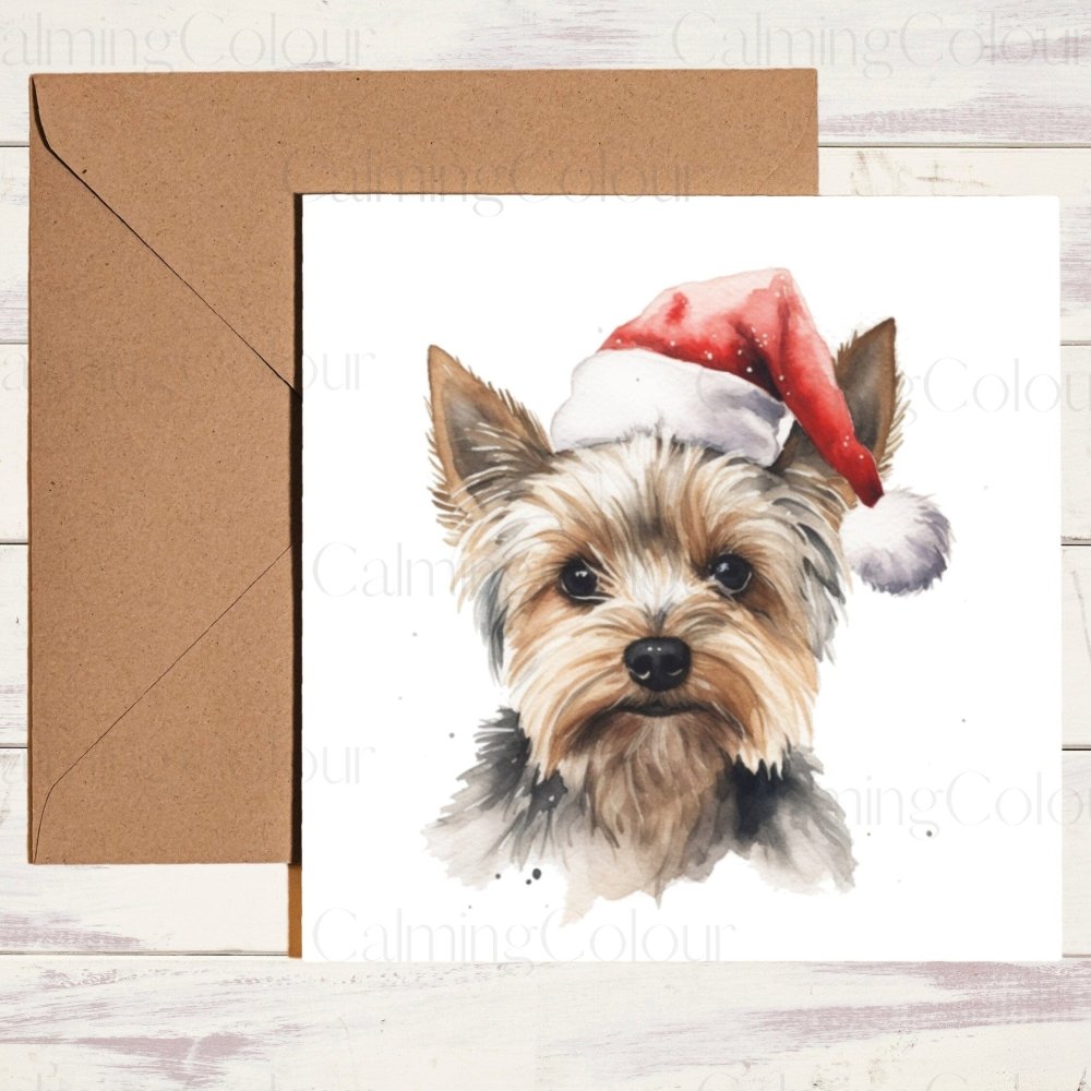 Yorkshire Terrier wearing Red Santa Hat | Christmas Card | Calming Colour