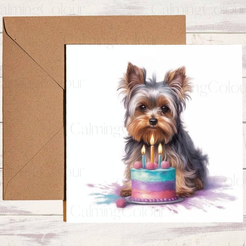 Yorkshire Terrier with Cake | Birthday Card | Calming Colour