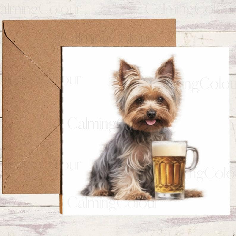 Yorkshire Terrier with Pint Glass | Birthday Card | Calming Colour