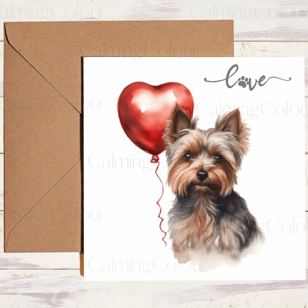 Yorkshire Terrier with Red Balloon | Greeting Card | Calming Colour