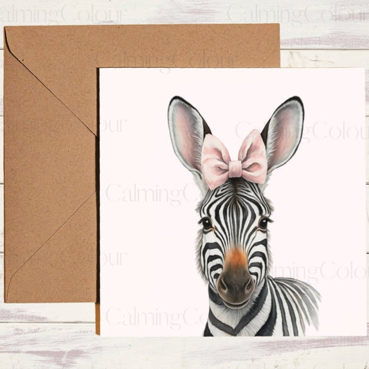 Zebra wearing Pink Bow | Greeting Card | Calming Colour